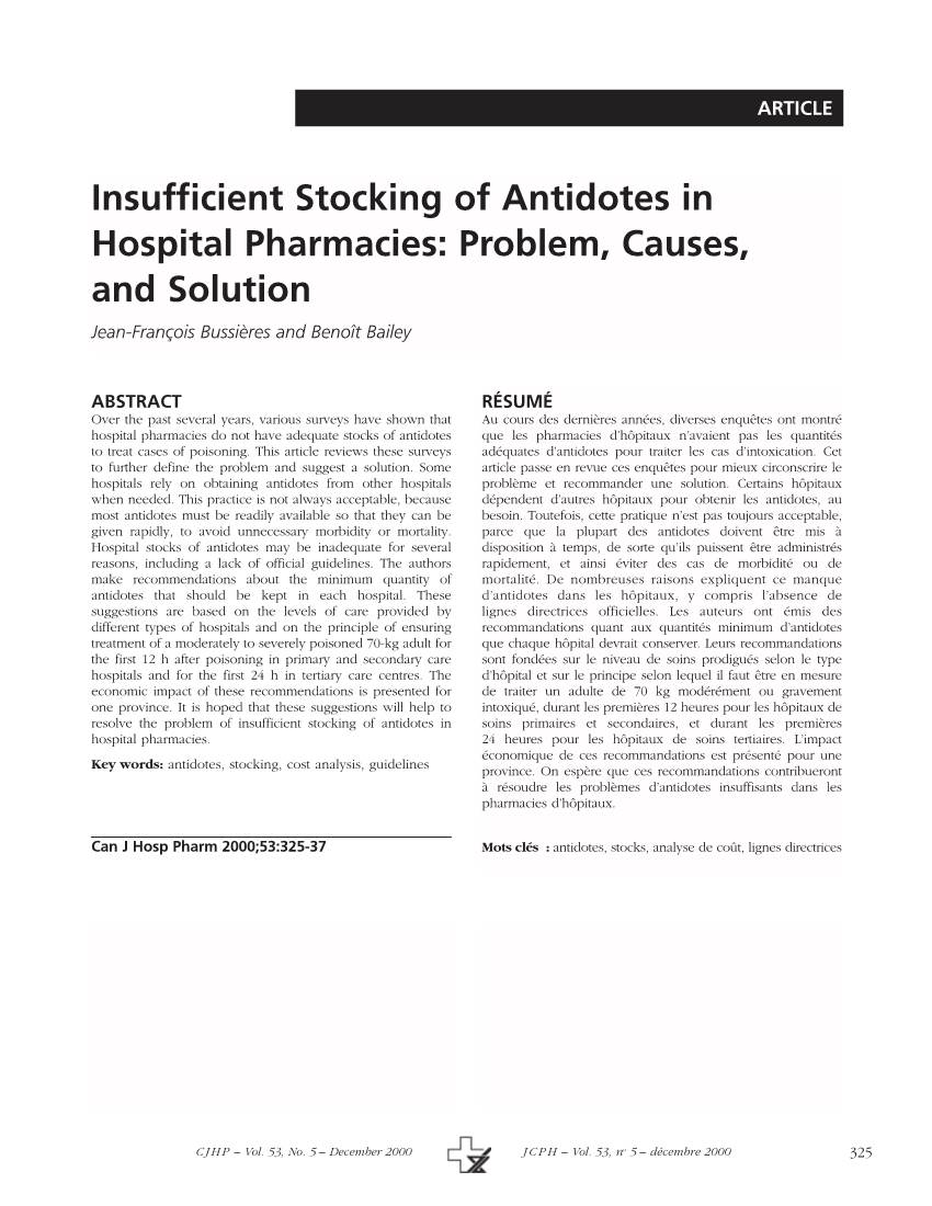 Insufficient Stocking of Antidotes in Hospital Pharmacies: Problem, Causes, and Solution Jean-François Bussières and Benoît Bailey