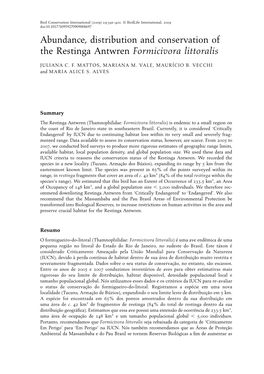 Abundance, Distribution and Conservation of the Restinga Antwren Formicivora Littoralis