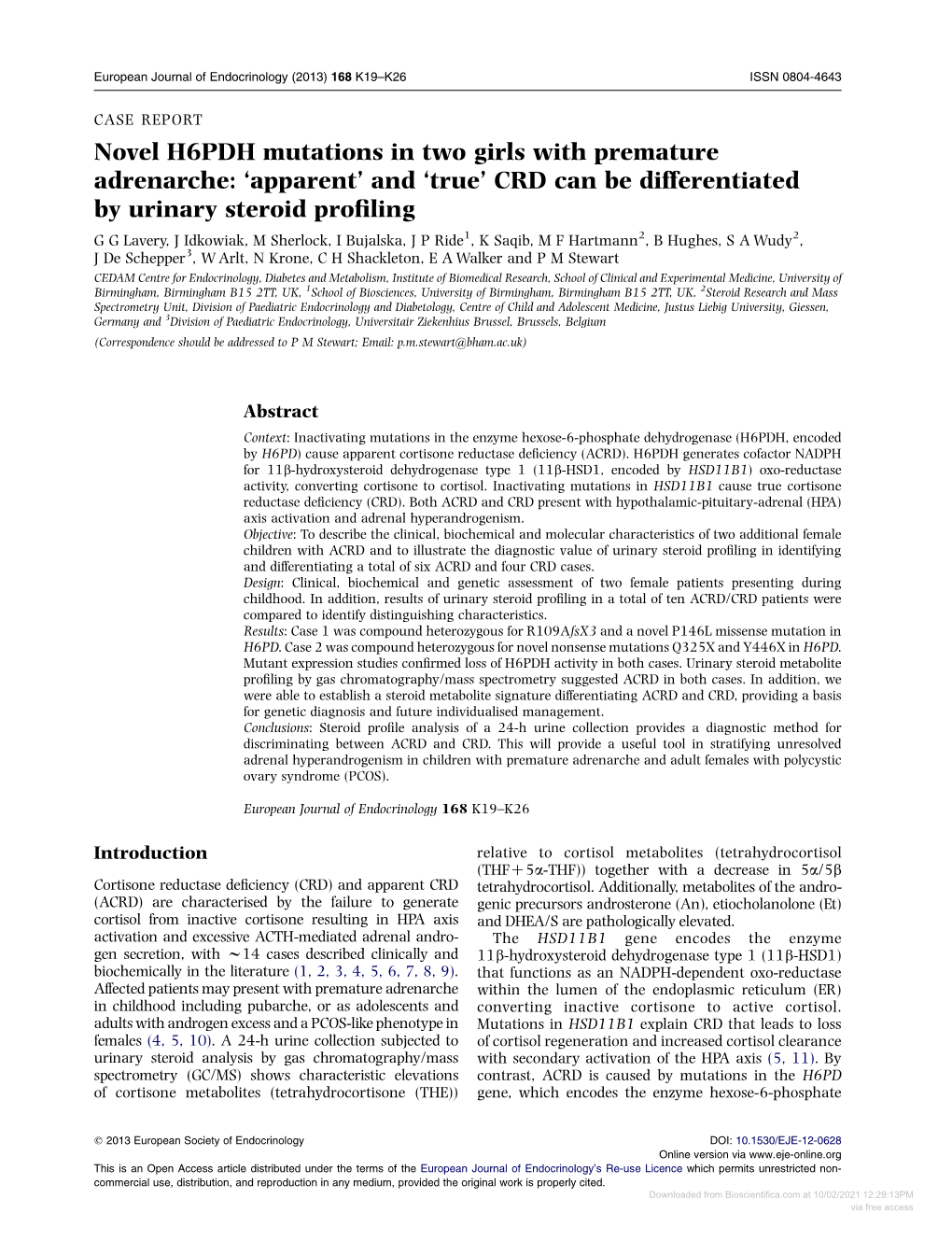 Novel H6PDH Mutations in Two Girls with Premature Adrenarche