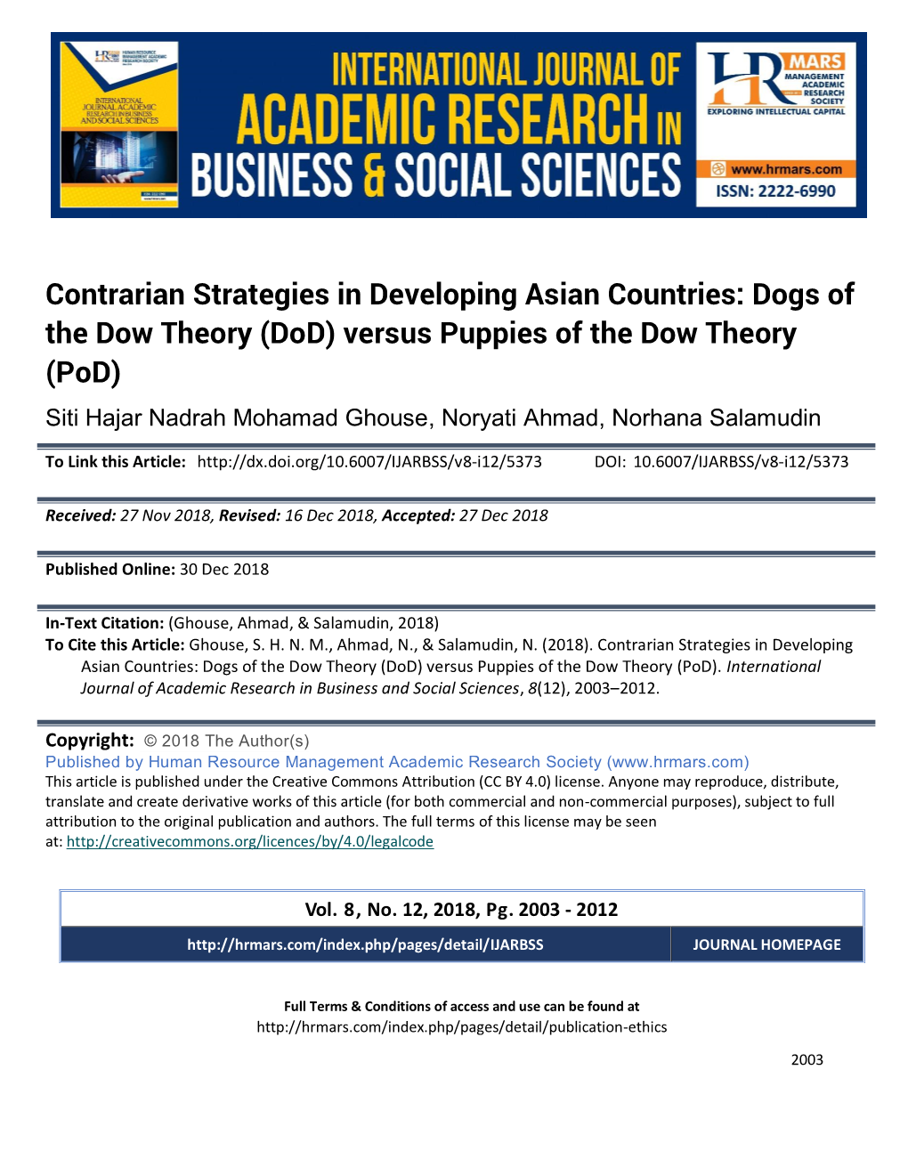 Contrarian Strategies in Developing Asian Countries: Dogs of the Dow Theory (Dod) Versus Puppies of the Dow Theory (Pod)