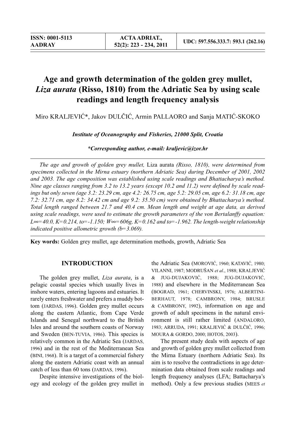 Age and Growth Determination of the Golden Grey Mullet, Liza Aurata (Risso, 1810) from the Adriatic Sea by Using Scale Readings and Length Frequency Analysis