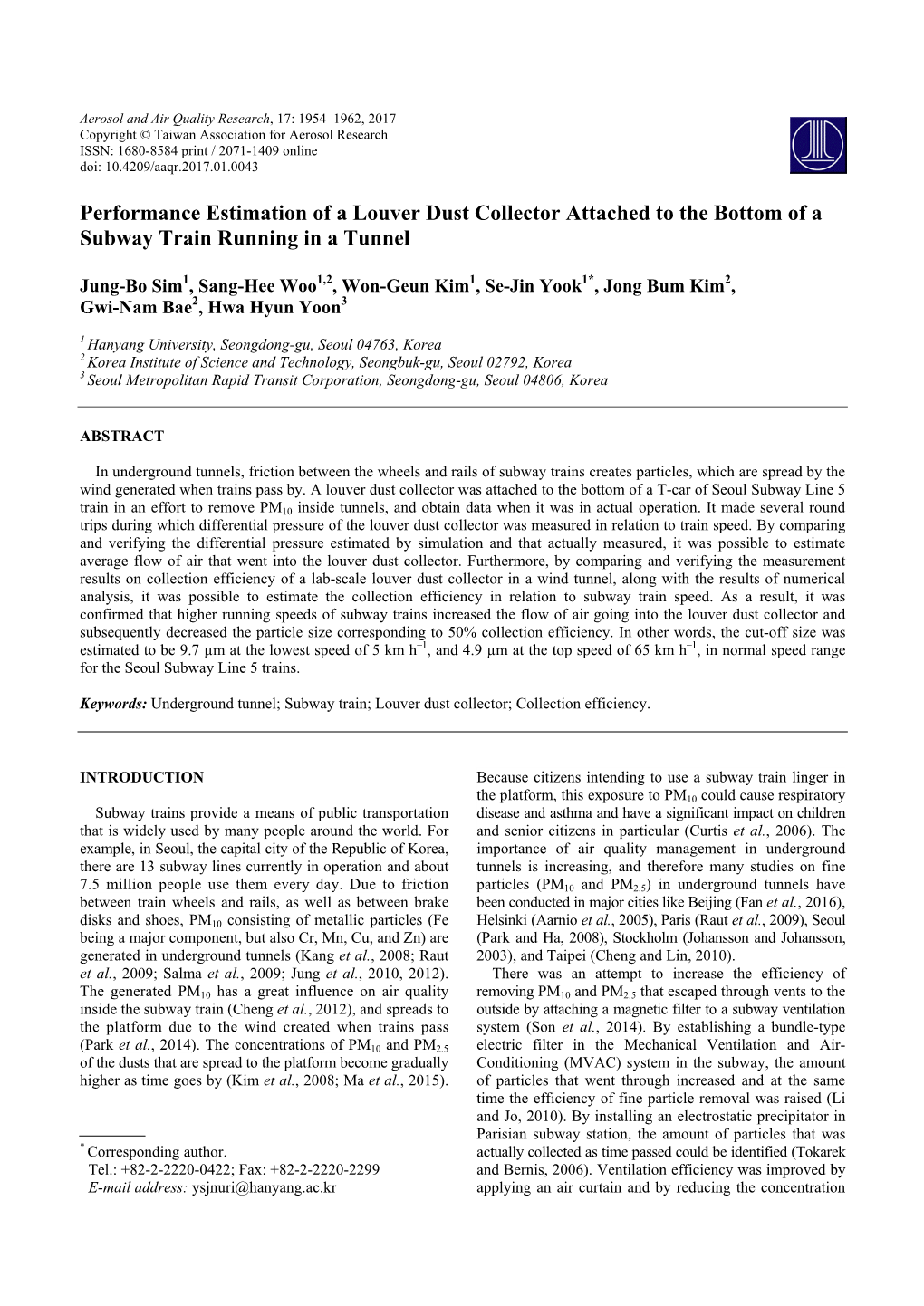 Performance Estimation of a Louver Dust Collector Attached to the Bottom of a Subway Train Running in a Tunnel