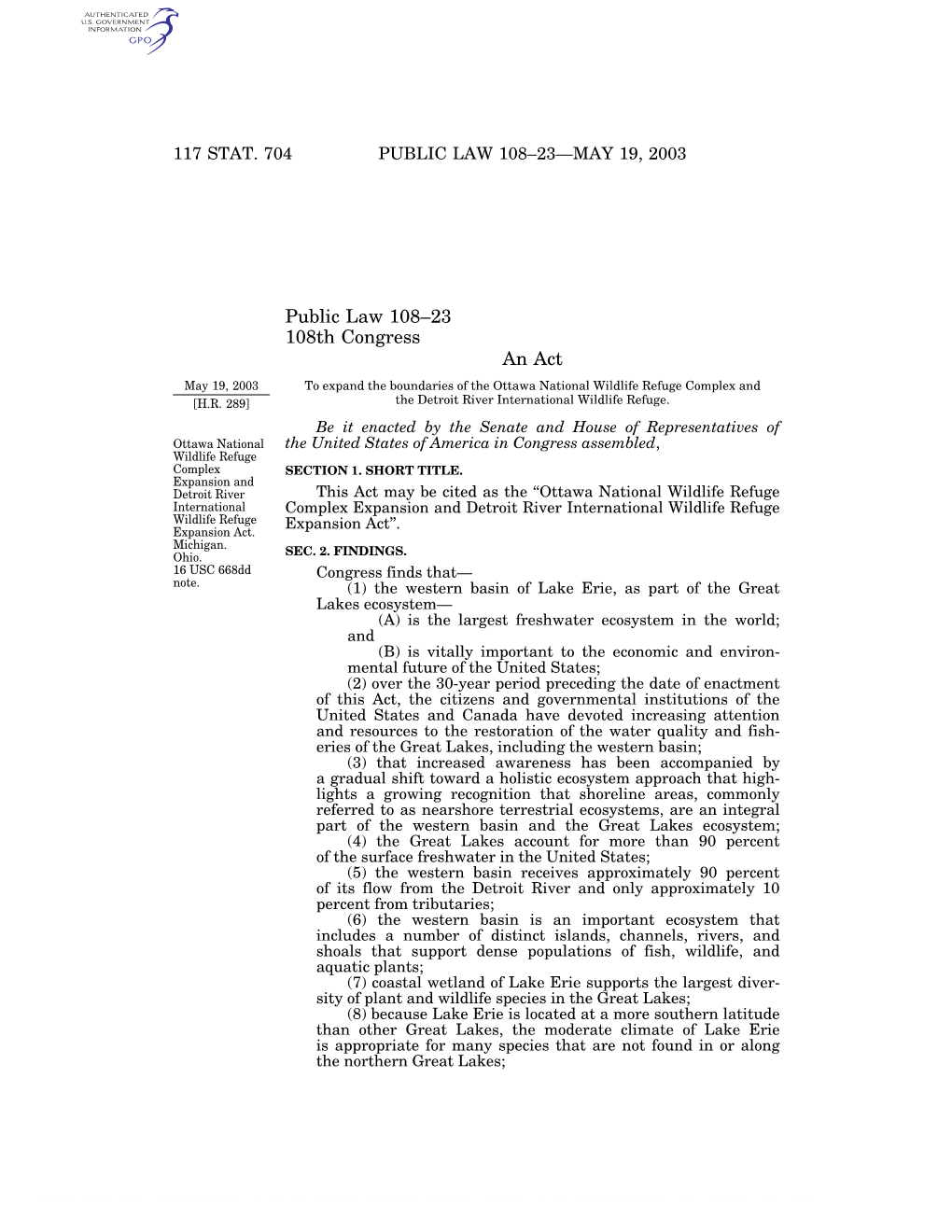 Public Law 108–23 108Th Congress an Act May 19, 2003 to Expand the Boundaries of the Ottawa National Wildlife Refuge Complex and [H.R