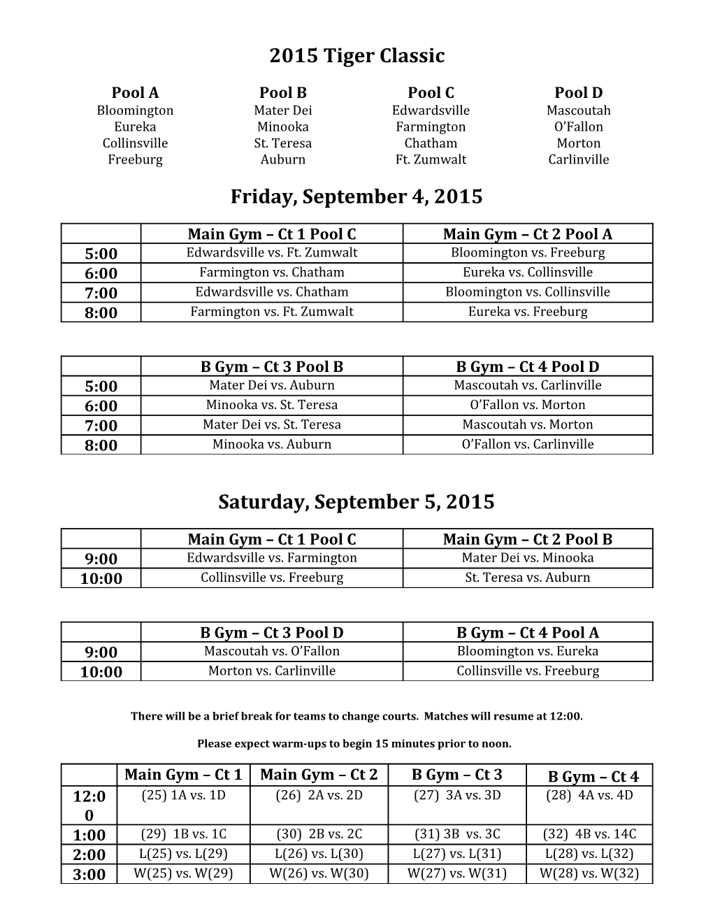 There Will Be a Brief Break for Teams to Change Courts. Matches Will Resume at 12:00