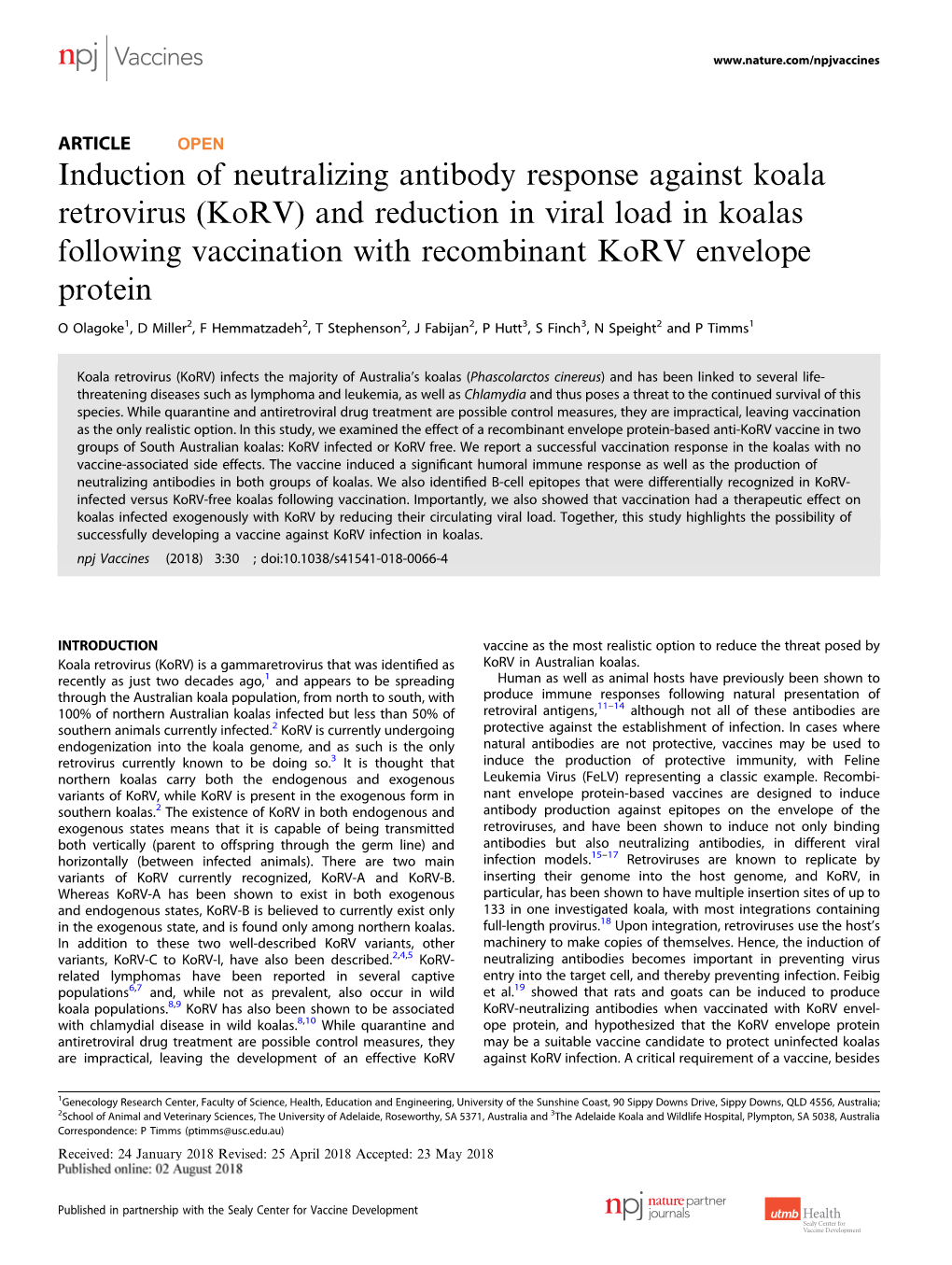 Induction of Neutralizing Antibody Response Against Koala Retrovirus