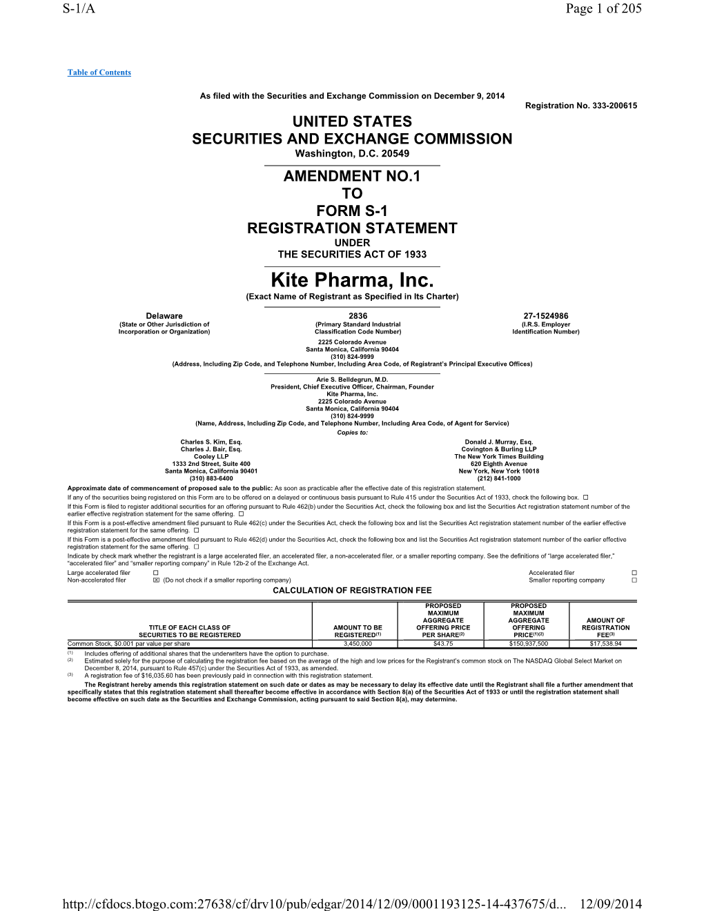 Kite Pharma, Inc. (Exact Name of Registrant As Specified in Its Charter)