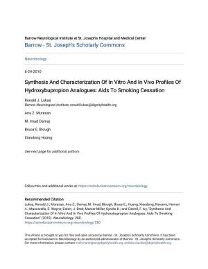 Synthesis and Characterization of in Vitro and in Vivo Profiles of Hydroxybupropion Analogues: Aids to Smoking Cessation