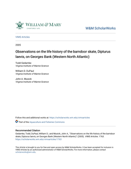 Observations on the Life History of the Barndoor Skate, Dipturus Laevis, on Georges Bank (Western North Atlantic)