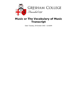 Music Or the Vocabulary of Music Transcript