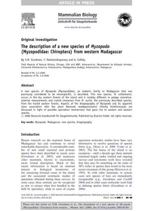The Description of a New Species of Myzopoda (Myzopodidae: Chiroptera) from Western Madagascar