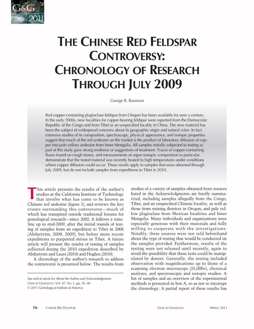 The Chinese Red Feldspar Controversy: Chronology of Research Through July 2009