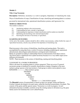 Module 2: Title: Crop Taxonomy Description: Definition, Taxonomy Is