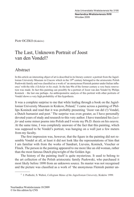The Last, Unknown Portrait of Joost Van Den Vondel?