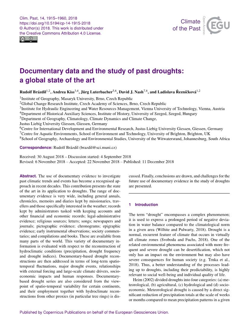 Documentary Data and the Study of Past Droughts: a Global State of the Art