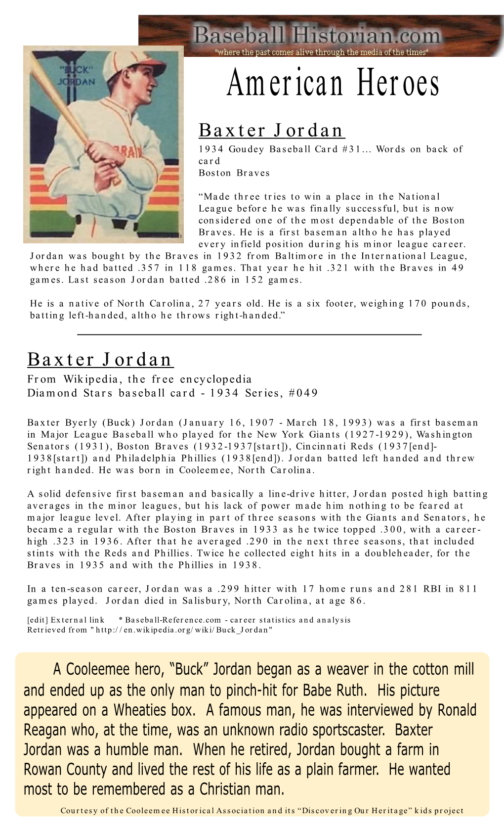 American Heroes Baxter Jordan 1934 Goudey Baseball Card #31