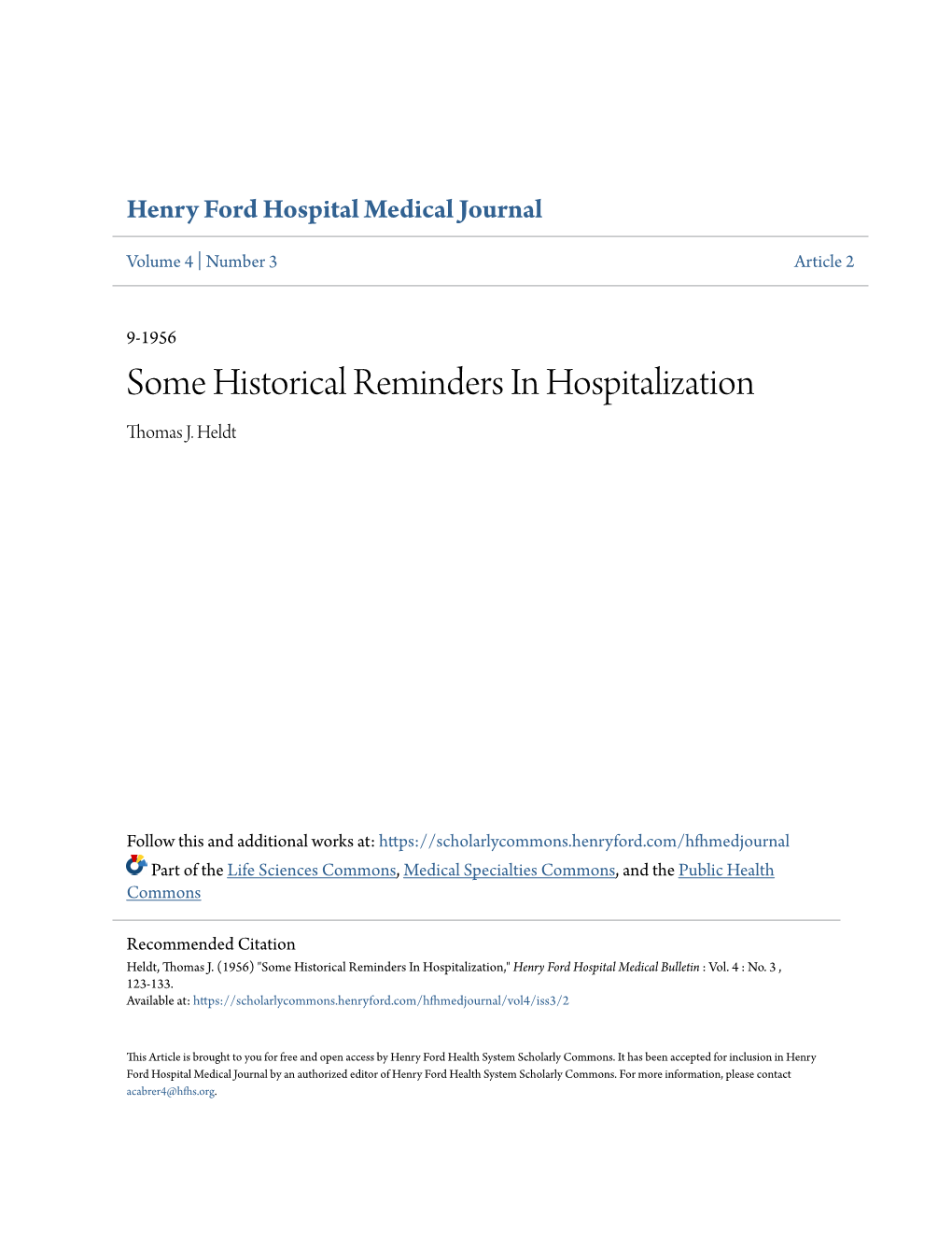 Some Historical Reminders in Hospitalization Thomas J