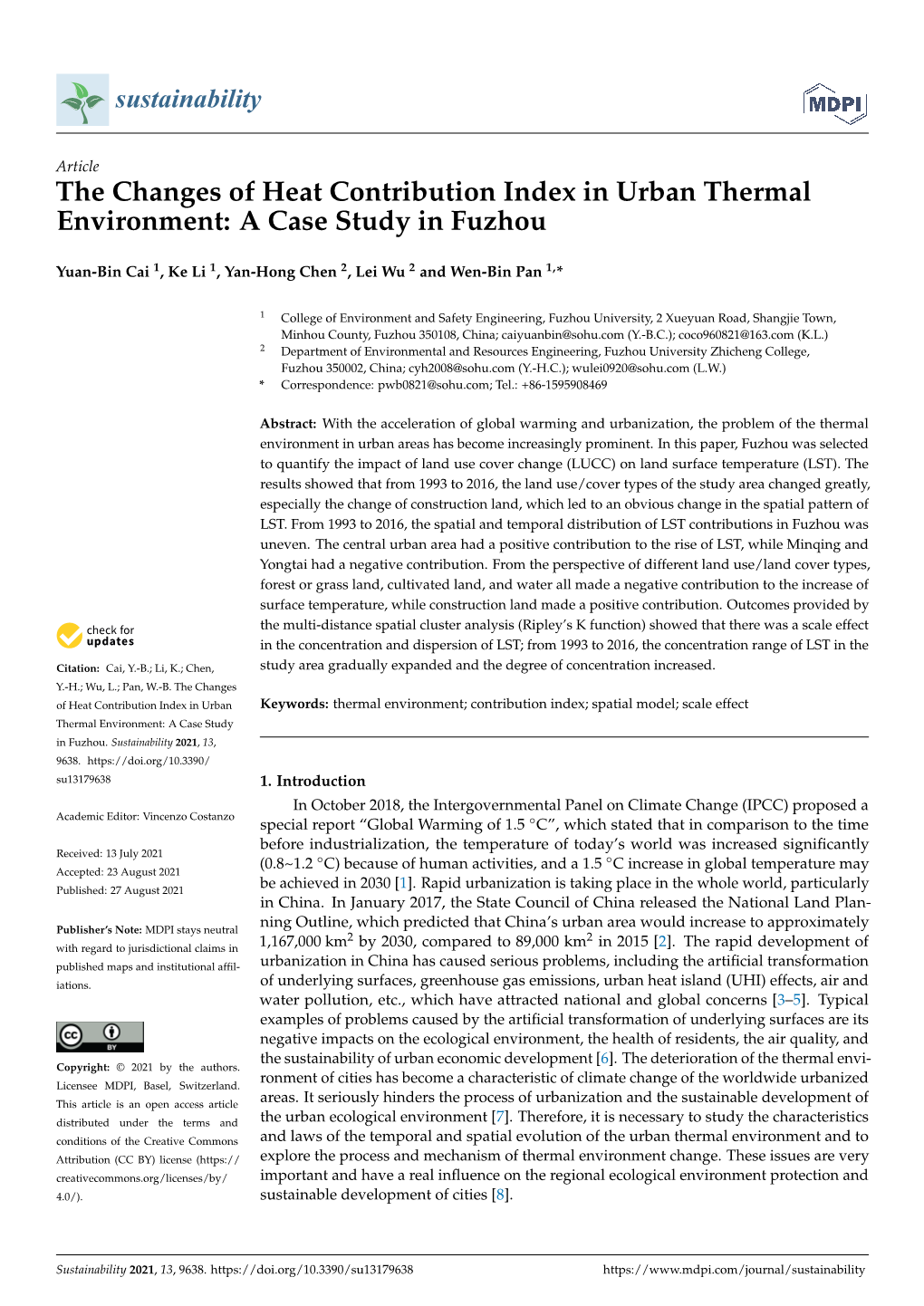 The Changes of Heat Contribution Index in Urban Thermal Environment: a Case Study in Fuzhou