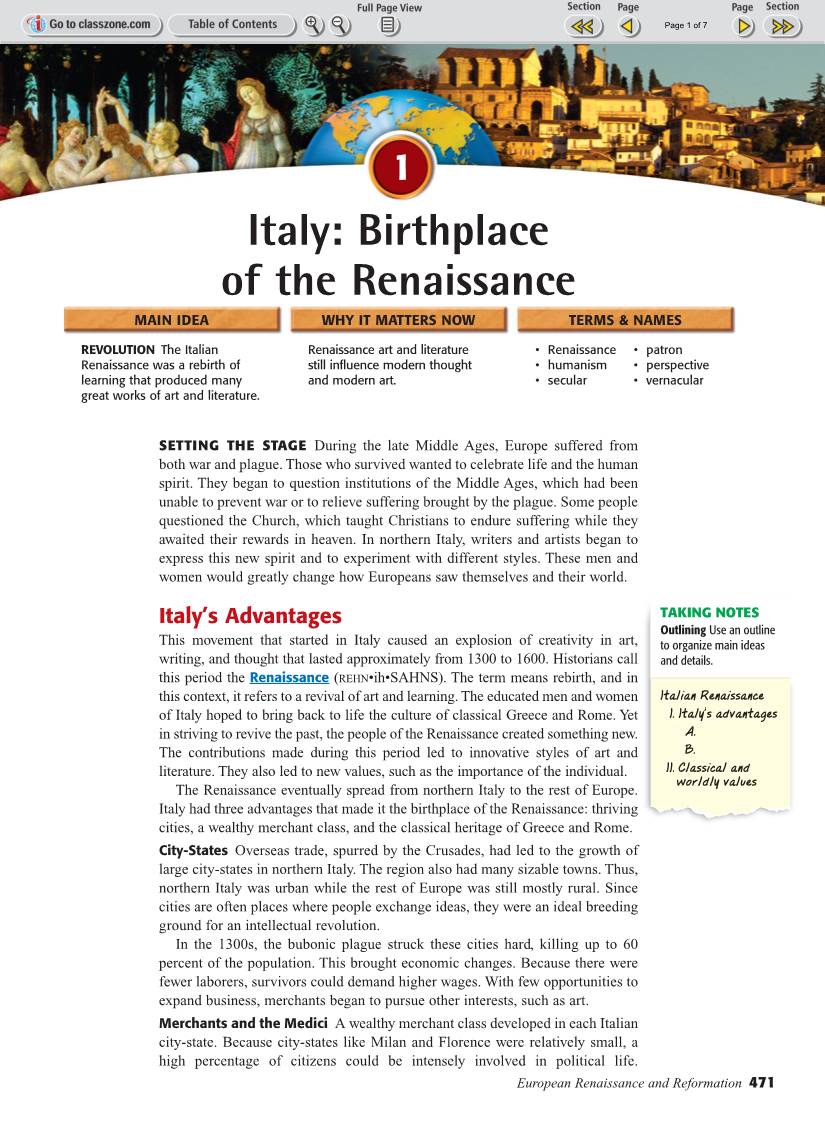 Italy: Birthplace of the Renaissance MAIN IDEA WHY IT MATTERS NOW TERMS & NAMES