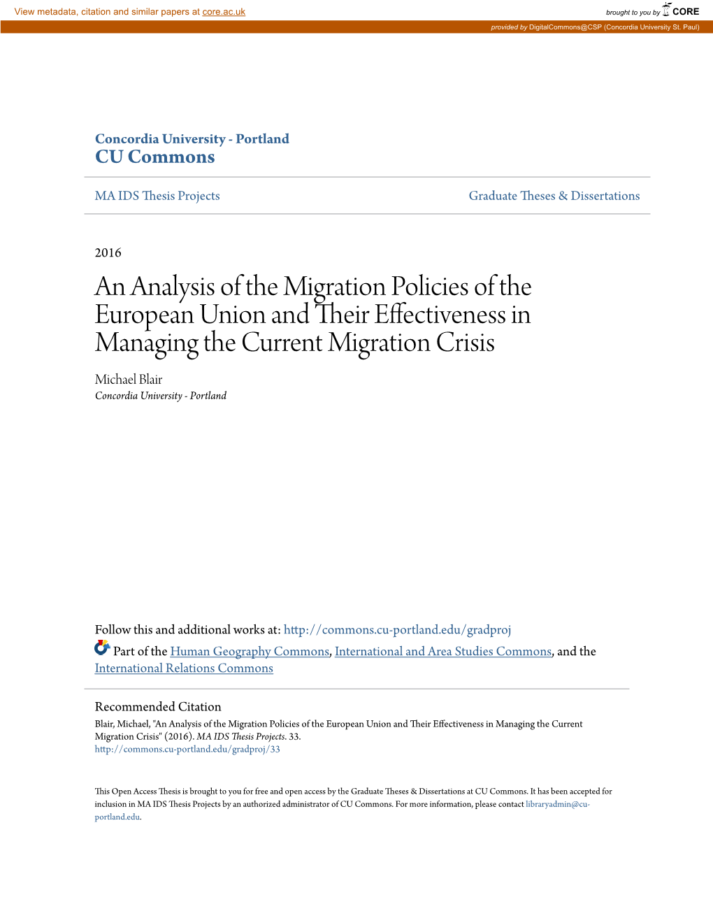 An Analysis of the Migration Policies of the European Union and Their