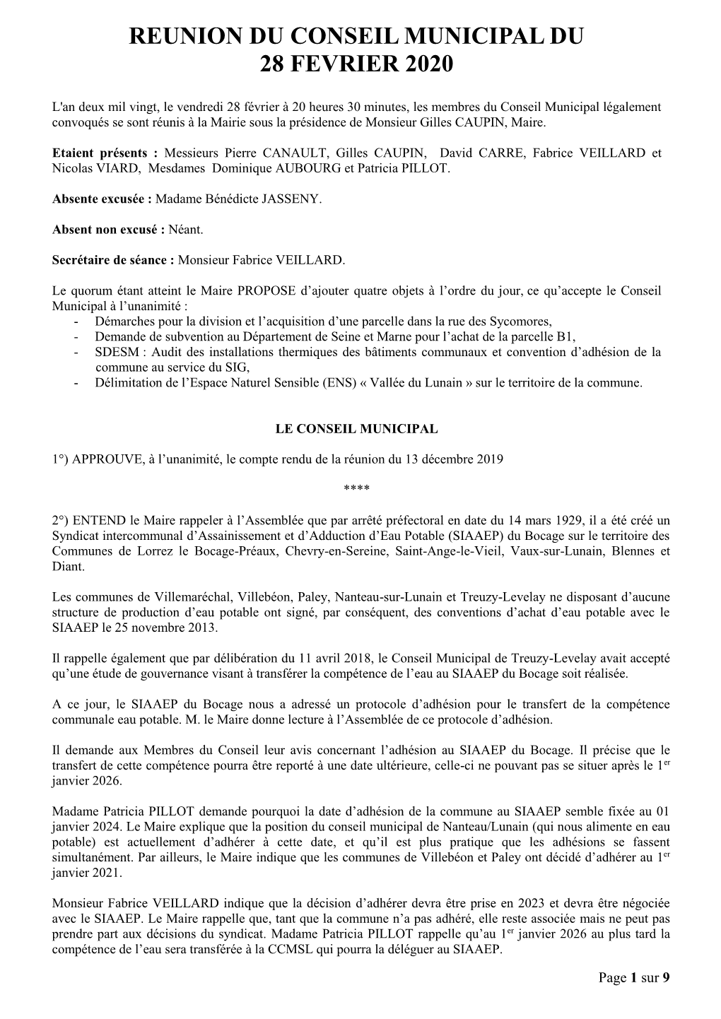 Reunion Du Conseil Municipal Du 28 Fevrier 2020