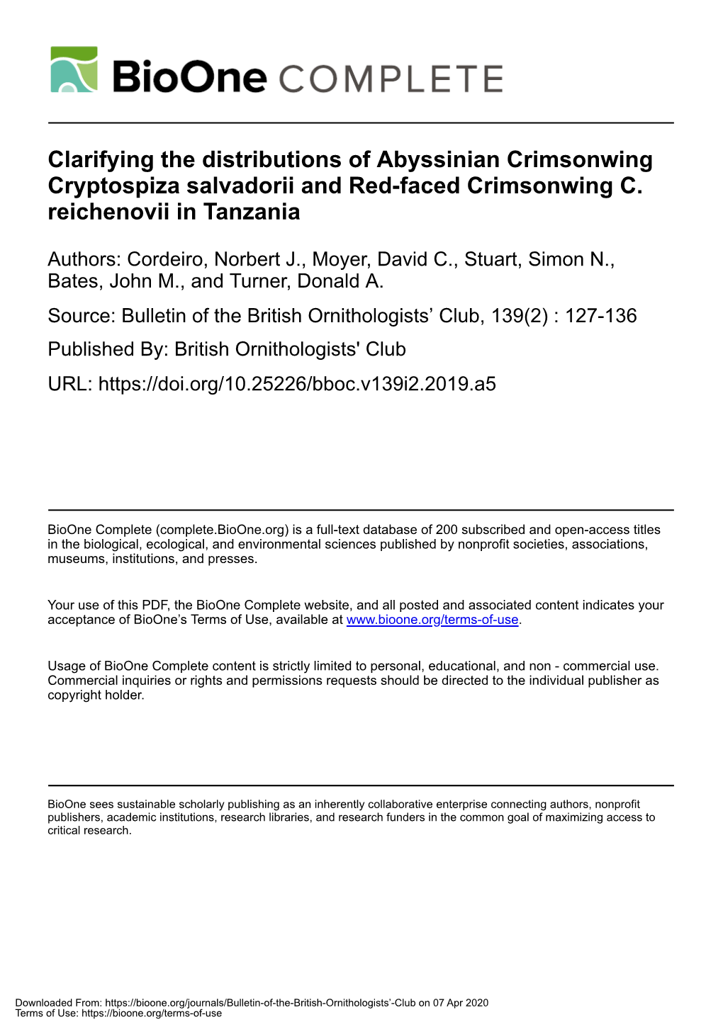 Clarifying the Distributions of Abyssinian Crimsonwing Cryptospiza Salvadorii and Red-Faced Crimsonwing C