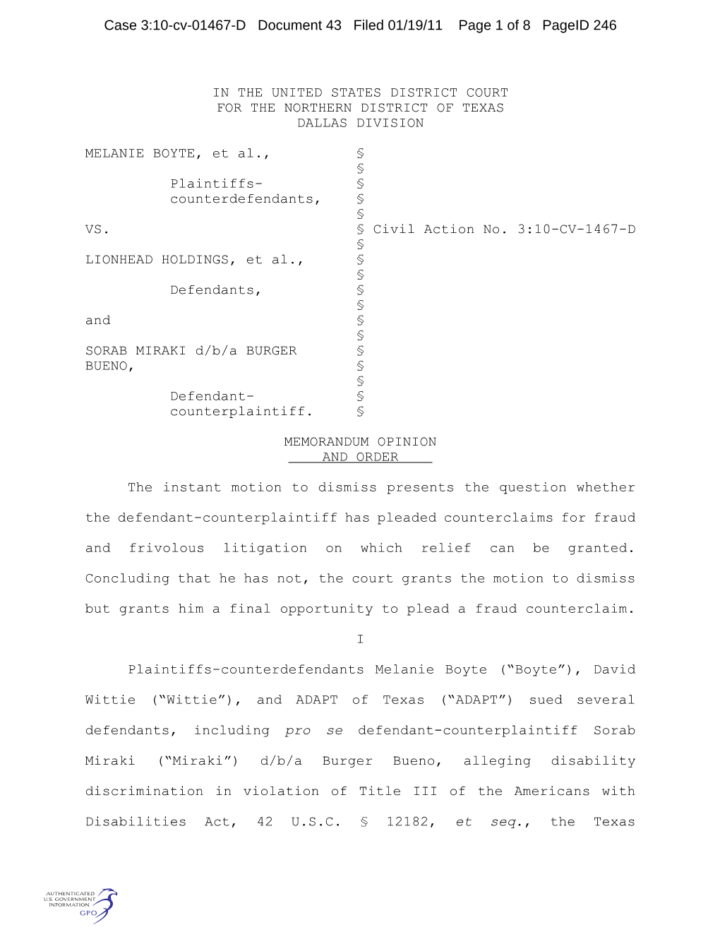 Case 3:10-Cv-01467-D Document 43 Filed 01/19/11 Page 1 of 8 Pageid 246