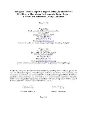 Biological Technical Report in Support of the City of Barstow's 2014
