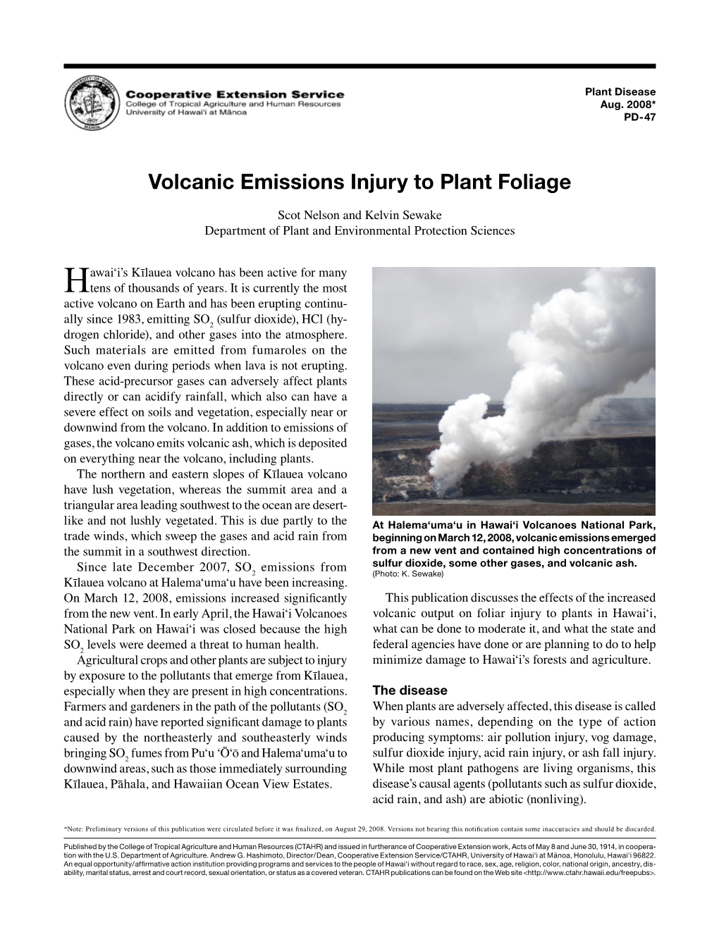Volcanic Emissions Injury to Plant Foliage