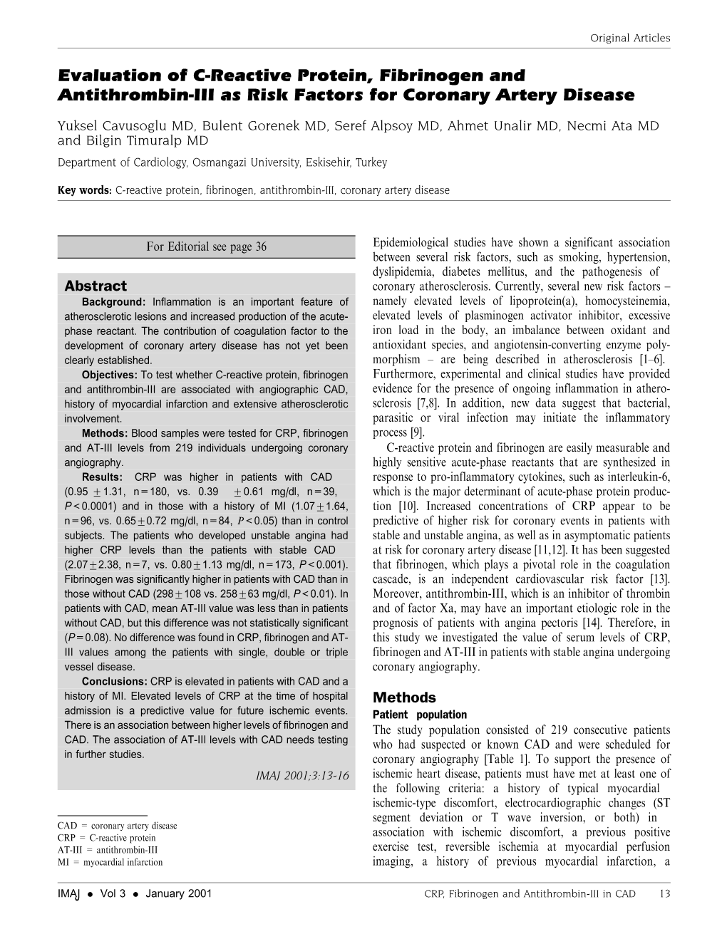 Evaluation of C-Reactive Protein, Fibrinogen and Antithrombin-III As