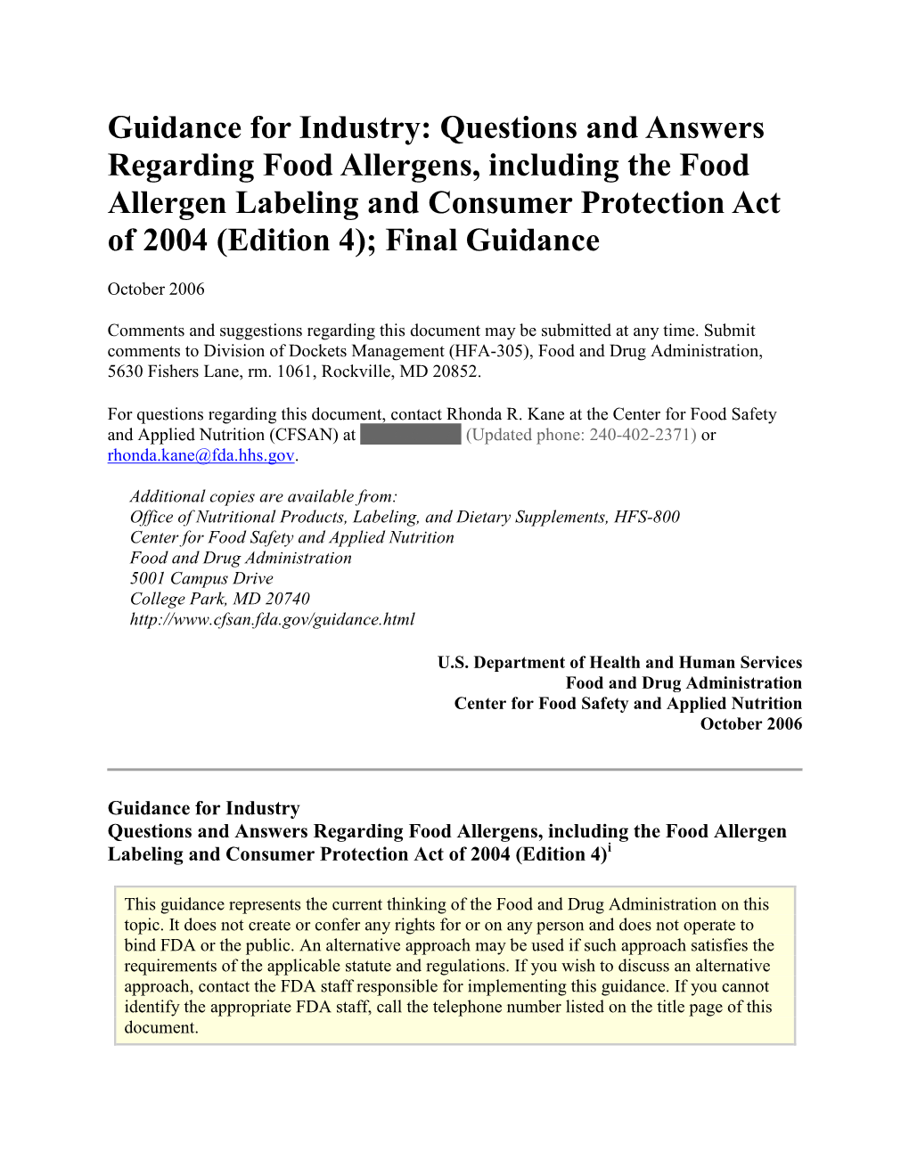 Guidance for Industry: Questions and Answers Regarding Food Allergens
