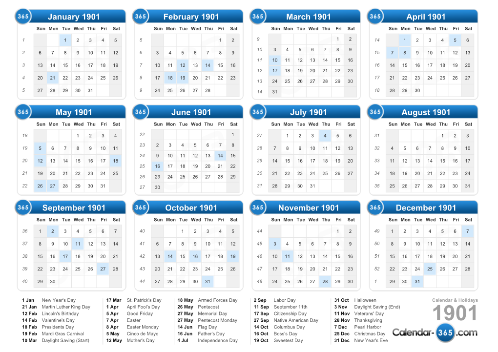 Calendar 1901 & Holidays 1901