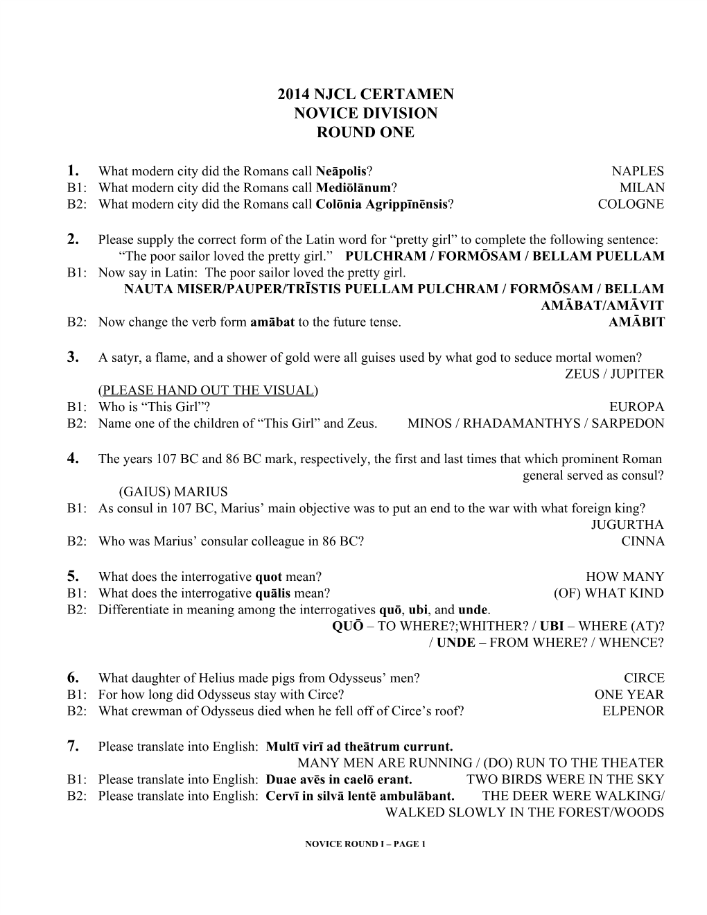 2014 Njcl Certamen Novice Division Round One