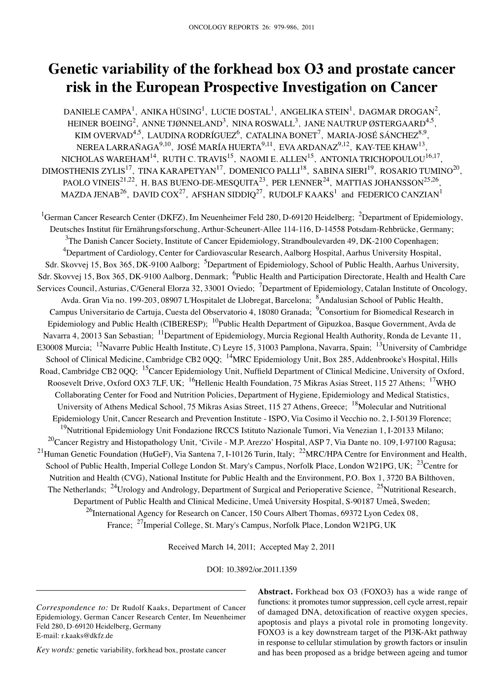 Genetic Variability of the Forkhead Box O3 and Prostate Cancer Risk in the European Prospective Investigation on Cancer