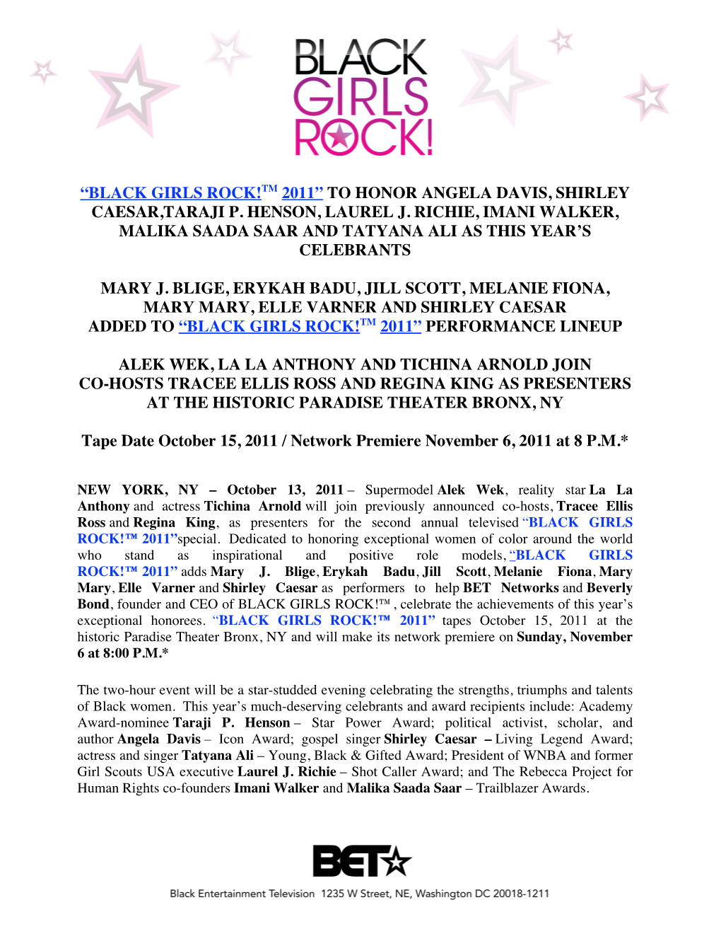 Black Girls Rock!Tm 2011” to Honor Angela Davis, Shirley Caesar,Taraji P