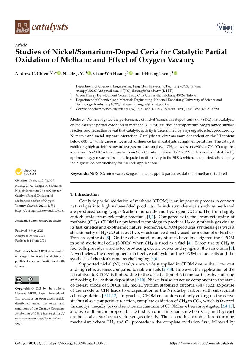 Studies of Nickel/Samarium-Doped Ceria for Catalytic Partial Oxidation of Methane and Effect of Oxygen Vacancy