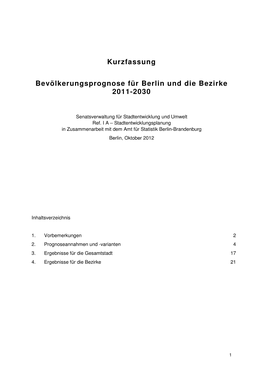 Kurzfassung: Bevölkerungsprognose Für Berlin Und Die Bezirke 2011-2030