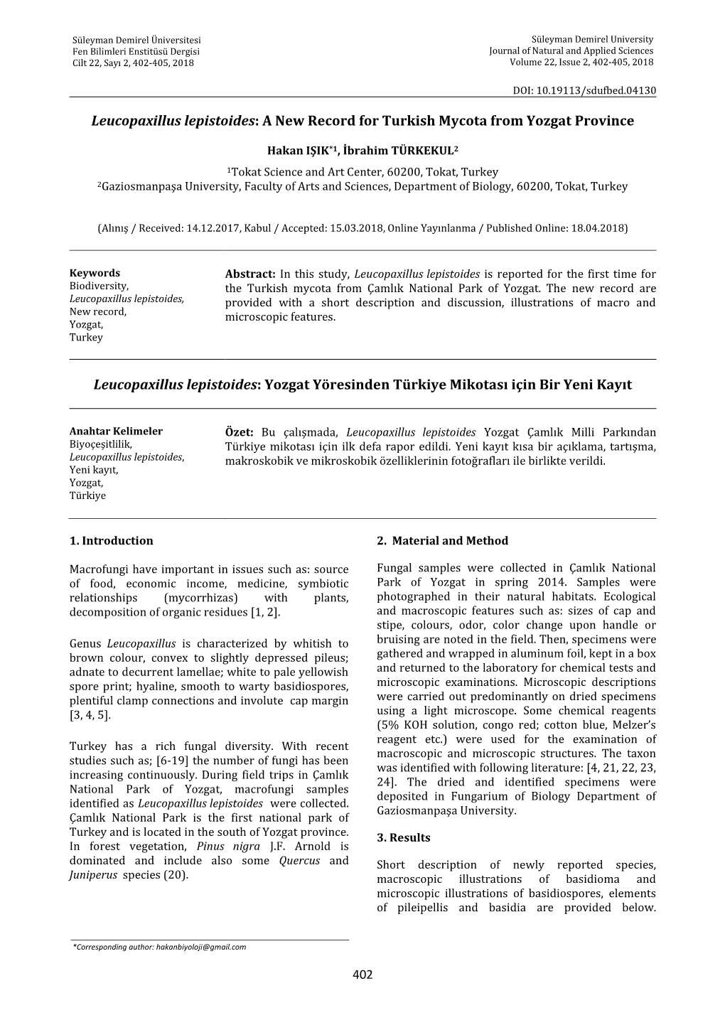 Leucopaxillus Lepistoides: a New Record for Turkish Mycota from Yozgat Province