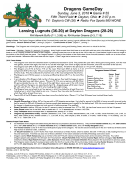 Dragons Gameday Sunday, June 3, 2018  Game # 55 Fifth Third Field  Dayton, Ohio  2:07 P.M
