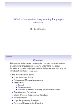 CA341 - Comparative Programming Languages Introduction