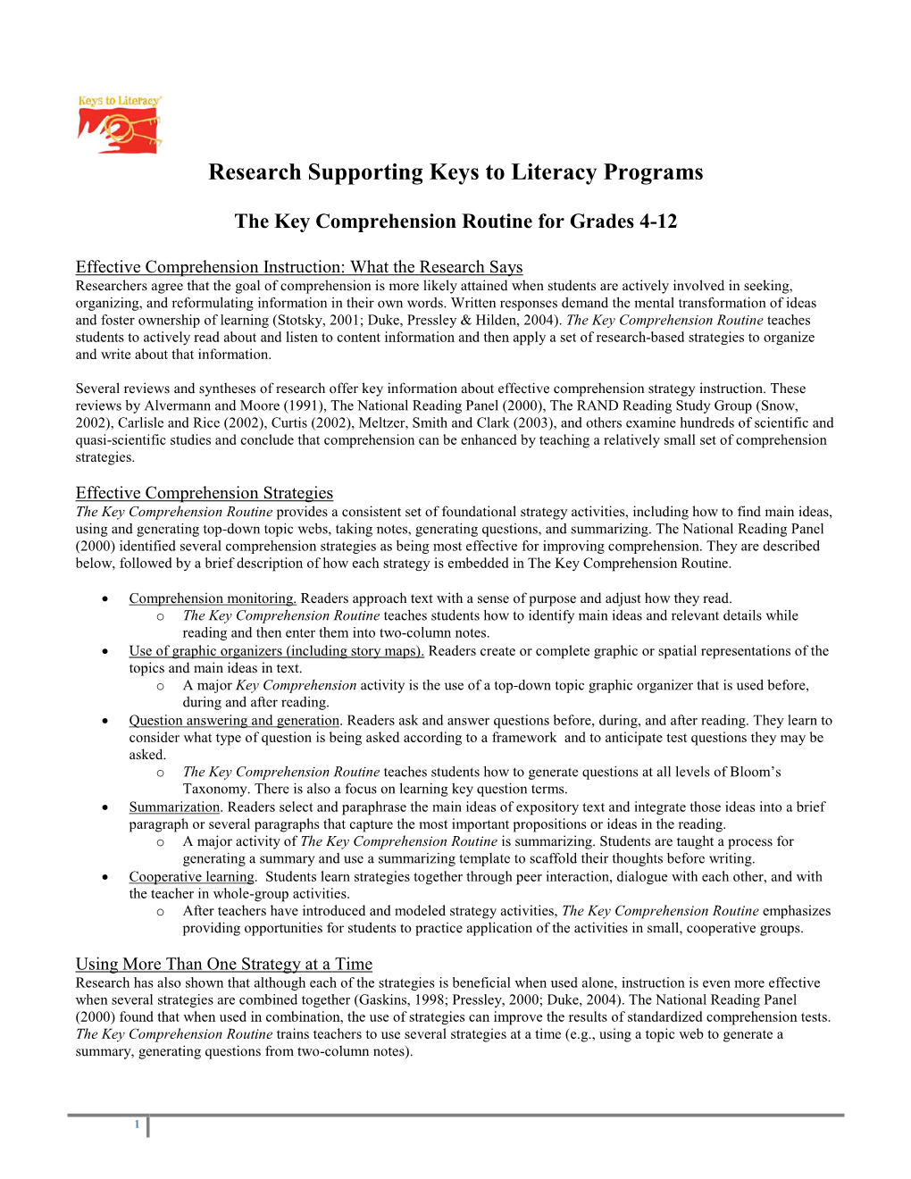 Research Supporting Keys to Literacy Programs
