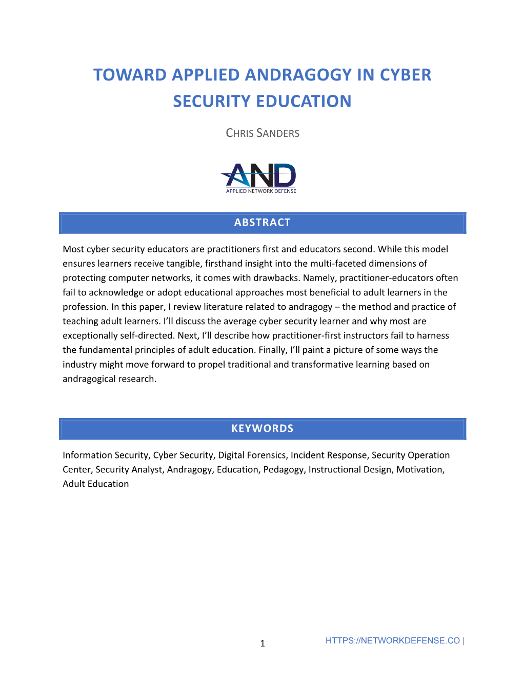 Toward Applied Andragogy in Cyber Security Education