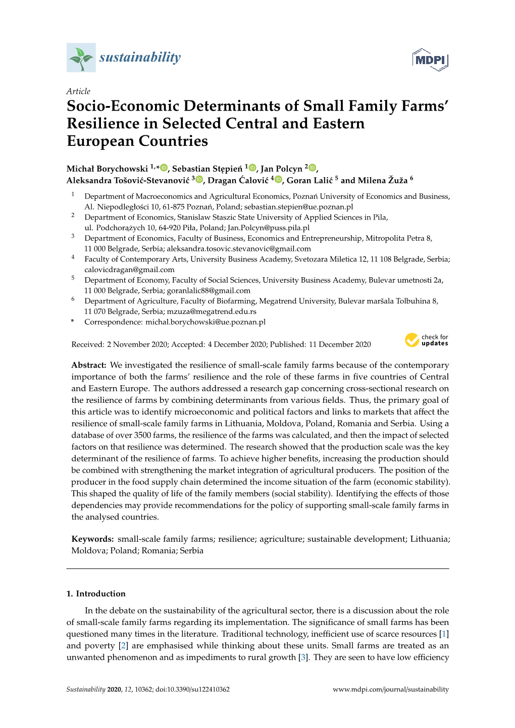 Socio-Economic Determinants of Small Family Farms' Resilience In