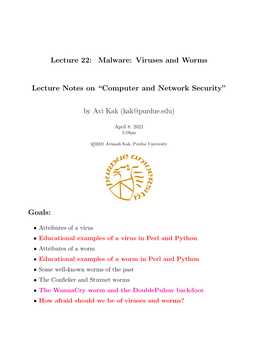 Malware: Viruses and Worms Lecture Notes on “Computer and Network