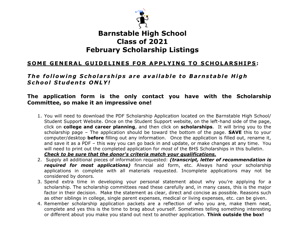 Barnstable High School Class of 2021 February Scholarship Listings