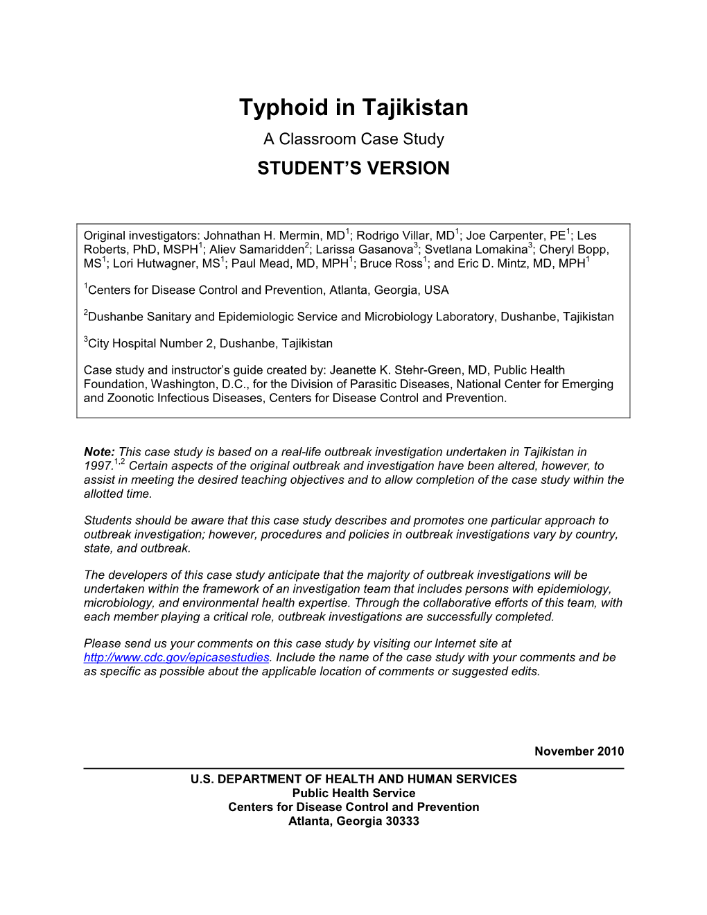 Typhoid in Tajikistan a Classroom Case Study STUDENT’S VERSION
