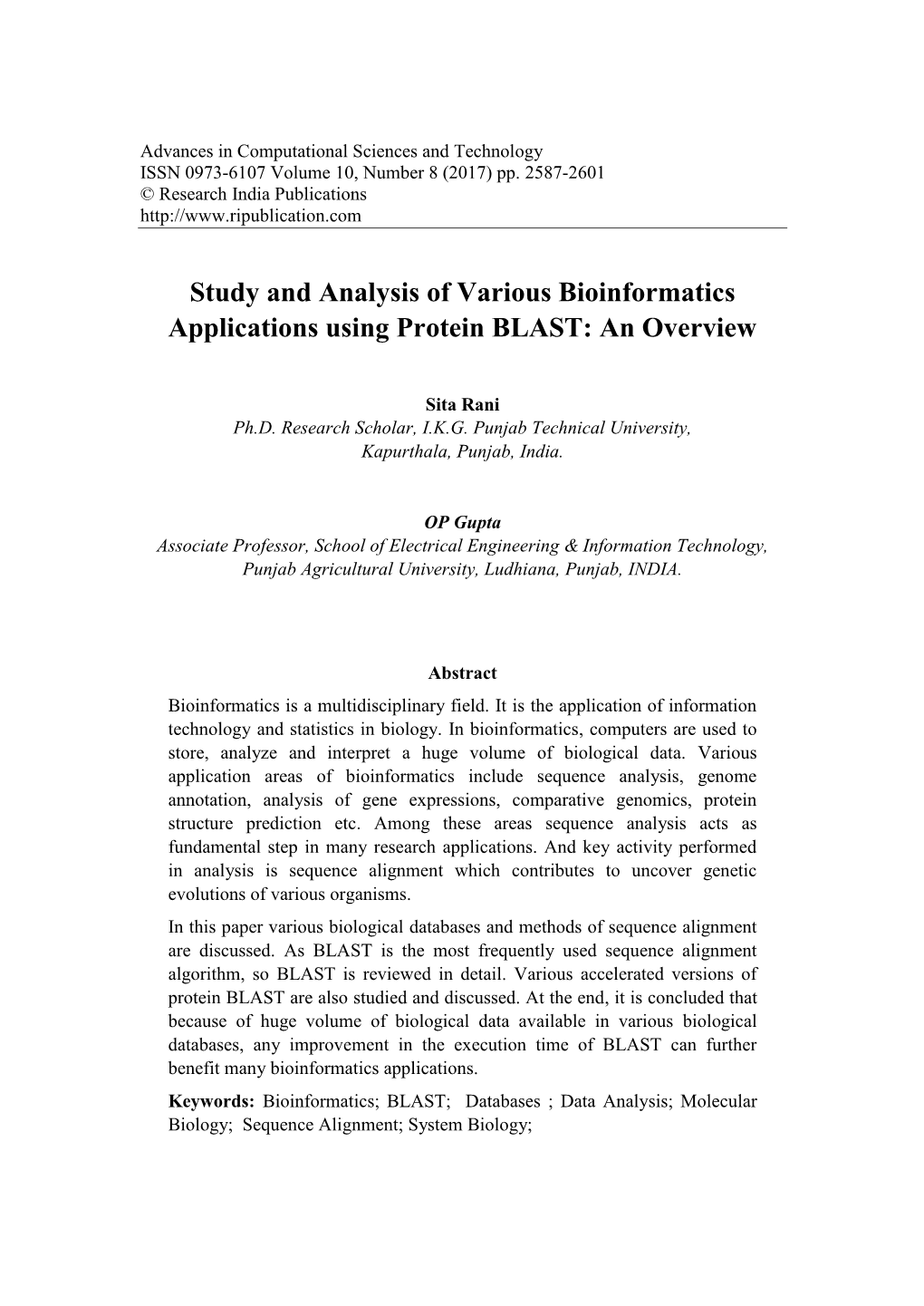 Study and Analysis of Various Bioinformatics Applications Using Protein BLAST: an Overview