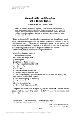 Generalized Bernoulli Numbers and W-Regular Primes by Fred H