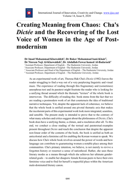 Creating Meaning from Chaos: Cha's Dictée and the Recovering of the Lost Voice of Women in the Age of Post- Modernism