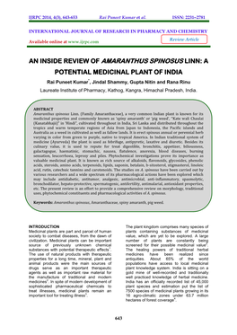 An Inside Review of Amaranthus Spinosus