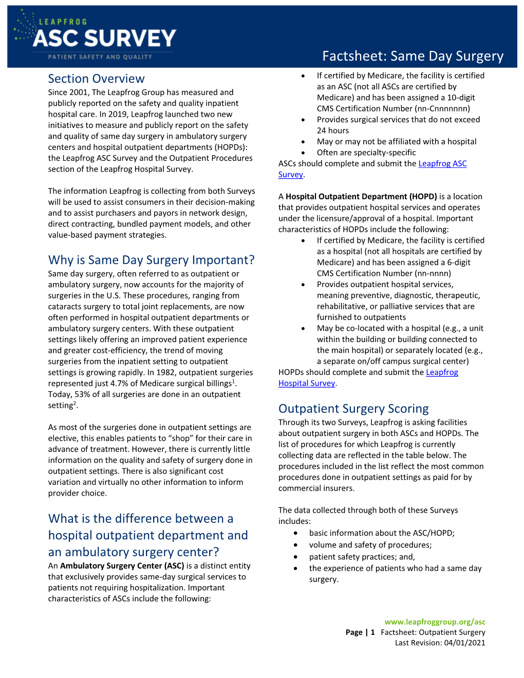Fact Sheet on Elective Outpatient Surgery